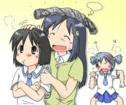  3girls :t ^_^ anger_vein black_eyes black_hair blue_hair blush closed_eyes commentary_request crossed_arms gaketsu gradient_background hair_ornament hairclip long_hair multiple_girls naganohara_mio naganohara_yoshino newspaper nichijou pout shinonome_nano short_hair simple_background tears trembling winding_key 