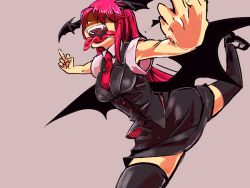  armpit_peek armpits bat_wings black_thighhighs breasts chamaruk commentary_request dress_shirt fangs female foreshortening forked_tongue grey_background hair_over_eyes hands head_wings horror_(theme) koakuma koishi_komeiji&#039;s_heart-throbbing_adventure long_hair low_wings medium_breasts middle_finger miniskirt multiple_tongues multiple_wings necktie open_mouth outstretched_arms red_hair running shirt shoes short_sleeves simple_background skirt skirt_set solo spread_arms star_(symbol) thighhighs tongue touhou vest wings zettai_ryouiki 