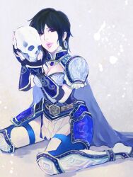  armor black_hair breasts cape cleavage commentary_request earrings elbow_gloves faulds female fingerless_gloves gauntlets gloves greaves jewelry lips lipstick makeup makoto1009 medium_breasts pauldrons purple_eyes shin_sangoku_musou shoulder_armor skull solo wang_yi 