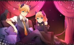  1boy ahoge animal_ears aqua_eyes bad_id bad_pixiv_id blonde_hair brother_and_sister cat_ears cat_tail crossed_legs elbow_gloves feline female gloves head_rest jiman kagamine_len kagamine_rin kemonomimi_mode necktie short_hair siblings sitting tail twins vocaloid 