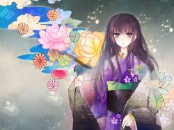  black_hair commentary_request expressionless female floral_background floral_print flower grey_background japanese_clothes kazu_(muchuukai) kimono long_hair original purple_eyes purple_kimono solo 