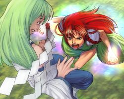  2girls battle bukimi_isan commentary_request detached_sleeves duel glowing_hands gohei green_eyes green_hair hong_meiling kochiya_sanae long_hair multiple_girls red_hair shide touhou 