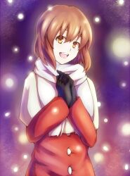  :d black_gloves brown_eyes brown_hair commentary_request female gloves hagiwara_yukiho idolmaster idolmaster_(classic) inaba-no-kuni-tottori open_mouth scarf smile solo 