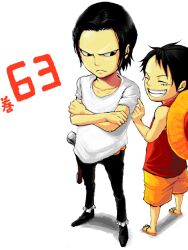  2boys aged_down akinao_(yakucha) angry black_hair crocodile_(one_piece) crossed_arms happy monkey_d._luffy multiple_boys one_piece smile weapon 