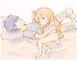  1boy aisaka_taiga bad_id bad_pixiv_id barefoot blue_hair brown_eyes brown_hair commentary_request female long_hair lying pillow shirotaka_(shirotaka) short_hair shorts sleepwear takasu_ryuuji toradora! 