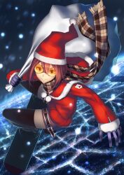  bag belt black_thighhighs brown_hair city_lights commentary_request female flying gloves goggles hat highres izumi_sai night original photoshop_(medium) plaid plaid_scarf santa_costume santa_hat scarf sky sky_surfing skyboard smirk snowing solo surfing thighhighs yellow_eyes 