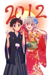  2012 2boys blue_eyes blush brown_hair commentary_request finger_gun floral_print floral_print_sash flower grey_hair hair_flower hair_ornament hakama haori haori_himo happy ikari_shinji japanese_clothes kimono male_focus multiple_boys nagisa_kaworu neon_genesis_evangelion nerv new_year obi obiage obidome obijime ok_sign open_mouth pom_pom_(clothes) red_eyes sash shou_(past) skirt smile sun v 