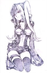  bad_id bad_pixiv_id belt choker d.gray-man female head_tilt kistina lenalee_lee long_hair monochrome photoshop_(medium) popped_collar shorts simple_background sitting solo thigh_gap thigh_strap thighhighs traditional_media twintails wariza zipper 