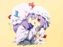  2girls blush capelet closed_eyes commentary_request dress hand_on_another&#039;s_cheek hand_on_another&#039;s_face hat hat_ribbon lefthand licking multiple_girls one_eye_closed open_mouth patchouli_knowledge purple_hair red_eyes remilia_scarlet ribbon touhou upper_body yuri 