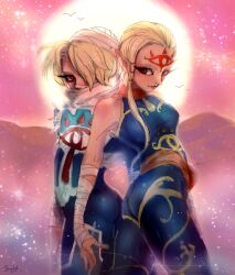  2girls ass back-to-back bad_id bad_pixiv_id bandages bare_shoulders blonde_hair breasts eyelashes facial_mark forehead forehead_mark hair_over_one_eye impa multiple_girls nose pointy_ears red_eyes reverse_trap scarf sheik short_hair sunset surcoat the_legend_of_zelda the_legend_of_zelda:_ocarina_of_time unitard yumeshima_sui 