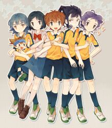  5boys bad_id bad_pixiv_id blue_eyes blue_hair brown_eyes brown_hair female friends inazuma_eleven_(series) inazuma_eleven_go kageyama_hikaru kariya_masaki locked_arms long_hair matsukaze_tenma multiple_boys nishizono_shinsuke nitanda_cona open_mouth purple_hair school_uniform shoes smile sneakers soccer_uniform socks sorano_aoi sportswear tsurugi_kyousuke yellow_eyes 