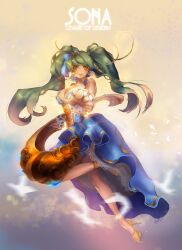  bare_shoulders breasts brown_eyes character_name cleavage commentary copyright_name dress female high_heels highres large_breasts league_of_legends legs long_hair looking_at_viewer nal_(nal&#039;s_pudding) orange_eyes outstretched_arm photoshop_(medium) shoes solo sona_(league_of_legends) twintails very_long_hair 