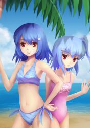  2girls aqua_hair bare_shoulders beach bikini bili_girl_22 bili_girl_33 bilibili blue_hair hair_ornament hand_on_own_hip leaf midriff multiple_girls navel ocean one-piece_swimsuit one_side_up outdoors palm_tree photoshop_(medium) red_eyes siblings side-tie_bikini_bottom sisters swimsuit television tree waving wudi_de_pangxie 