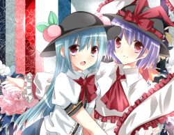  2girls ascot bad_id bad_pixiv_id blue_hair bow food fruit hat hat_ribbon hinanawi_tenshi long_hair multiple_girls nagae_iku peach purple_hair red_eyes ribbon saijou_haruki shawl smile touhou upper_body 