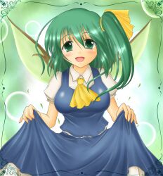  ascot bad_id bad_pixiv_id breasts daiyousei dress female green_eyes green_hair hair_ribbon kurokaze_no_sora medium_breasts open_mouth ribbon short_hair side_ponytail solo touhou wings 