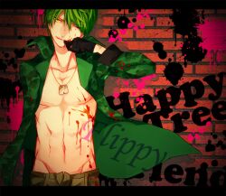  1boy bad_id bad_pixiv_id blood dog_tags flippy_(happy_tree_friends) fliqpy_(happy_tree_friends) gloves green_hair happy_tree_friends kuro_no_haijin male_focus personification photoshop_(medium) solo yellow_eyes 