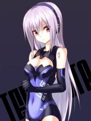  arnval_mk2_tempesta bare_shoulders black_gloves blue_background breasts busou_shinki character_name cleavage cleavage_cutout clenched_hand clothes_writing clothing_cutout commentary_request covered_navel cowboy_shot doll_joints elbow_gloves expressionless female from_side gloves grey_hair hair_between_eyes headgear joints kurokawa_(silve) leotard long_hair looking_at_viewer medium_breasts photoshop_(medium) red_eyes simple_background skin_tight solo very_long_hair 