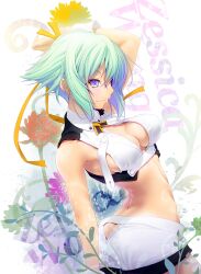  aquarion_(series) aquarion_evol arched_back ass ass_cutout breasts butt_crack cleavage cleavage_cutout clothing_cutout commentary_request female flower green_hair highres medium_breasts midriff nilitsu purple_eyes short_hair short_shorts shorts solo wrist_cuffs zessica_wong 