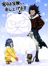  black_hair blue_hair boots ear_muffs earmuffs fairy_tail feline fur gajeel_redfox gloves jacket levy_mcgarden pantherlily piercing snow snowman spiked_hair spiky_hair sweatdrop tail 