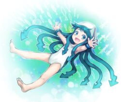  :d aged_down armpits barefoot blue_eyes blue_hair commentary_request feet female hands hat ikamusume kiitos lolicon long_hair one-piece_swimsuit open_mouth shinryaku!_ikamusume smile solo swimsuit tentacle_hair toes white_one-piece_swimsuit 