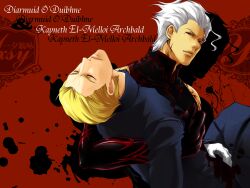  2boys ahoge alter_servant blonde_hair blood carrying character_name closed_eyes commentary_request dark_persona diarmuid_ua_duibhne_(lancer)_(fate) facial_mark fate/zero fate_(series) highres injury kayneth_el-melloi_archibald male_focus mole mole_under_eye multiple_boys partial_commentary photoshop_(medium) princess_carry red_background red_eyes shadow vetania white_hair 