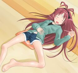  bad_id bad_pixiv_id bandaid bare_legs barefoot blue_shorts blush bow closed_eyes female hairbow highres hood hoodie long_hair long_legs lying mahou_shoujo_madoka_magica mahou_shoujo_madoka_magica_(anime) navel oerba_yun_fang on_back open_mouth red_hair sakura_kyoko shorts shuuji_(shumi) solo unconscious 