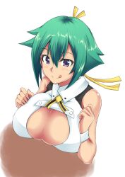  :q aquarion_(series) aquarion_evol blush breasts cleavage cleavage_cutout clothing_cutout commentary_request female green_hair large_breasts painttool_sai_(medium) purple_eyes short_hair solo tongue tongue_out zanku zessica_wong 