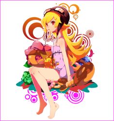  akishima_kei bad_id bad_pixiv_id bakemonogatari bare_legs bare_shoulders barefoot blonde_hair doughnut dress feet female food goggles goggles_on_head helmet legs lion long_hair long_legs monogatari_(series) mouth_hold oshino_shinobu red_eyes sitting solo stuffed_animal stuffed_toy 