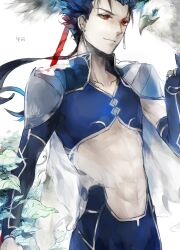  1boy adapted_costume bird blue_hair commentary_request cu_chulainn_(fate) cu_chulainn_(fate/stay_night) eagle earrings fate/stay_night fate_(series) gae_bolg_(fate) highres jewelry juexing_(moemoe3345) long_hair male_focus midriff photoshop_(medium) polearm ponytail red_eyes solo spear weapon 