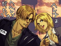  1boy blonde_hair female formal leon_s_kennedy middle_finger pixiv_thumbnail resident_evil resident_evil_6 resized sandoicchi sandwichi sherry_birkin suit 