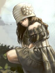  aro_(charged_time_out) bad_id bad_pixiv_id bare_shoulders brown_eyes brown_hair cloche_hat dress female hat long_hair original photoshop_(medium) solo 