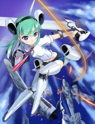  aircraft airplane blade blue_eyes cloud commentary_request cutting female flying girl_arms green_hair jet mecha_musume midriff military propeller star_(symbol) ta_154 trime_(girl_arms) weapon world_war_ii xp-79 zeco 