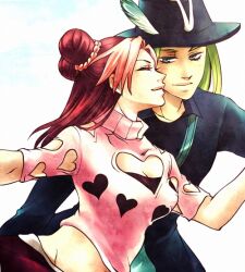  1boy alternate_hairstyle anakiss bad_id bad_pixiv_id blue_eyes breasts cleavage cleavage_cutout closed_eyes clothing_cutout couple crop_top double_bun dyed_bangs female green_hair hair_bun hat hat_feather heart heart_cutout irene_(jojo) jojo_no_kimyou_na_bouken long_hair medium_breasts midriff multicolored_hair official_alternate_costume pink_hair red_hair short-sleeved_sweater short_sleeves stone_ocean straight sweater sweetblossom turtleneck turtleneck_sweater two-tone_hair 