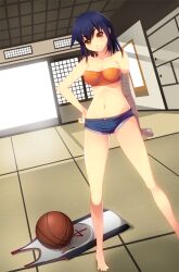  bad_id bad_pixiv_id bakemonogatari ball bandages barefoot basketball_(object) blue_shorts denim denim_shorts dutch_angle female hand_on_own_hip hanging_scroll kanbaru_suruga koflif legs midriff monogatari_(series) navel nisemonogatari photoshop_(medium) purple_hair red_eyes scroll short_shorts shorts solo strapless tatami tiptoes tube_top 