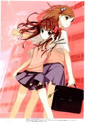  2girls absurdres armpit_peek back-to-back bag between_fingers bow brown_eyes brown_hair brown_sweater_vest building cover_image electricity electrokinesis emblem flower gekota haimura_kiyotaka hair_flower hair_ornament hairbow hairpin highres holding holding_needle long_hair looking_at_viewer medium_hair misaka_mikoto multiple_girls nail needle non-web_source novel_illustration official_art outstretched_arm psychic red_bow school_bag school_emblem school_uniform science_fiction shirai_kuroko skirt standing summer_uniform sweater sweater_vest thigh_strap throwing_needles toaru_majutsu_no_index toaru_majutsu_no_index:_old_testament tokiwadai_school_uniform twintails vest 