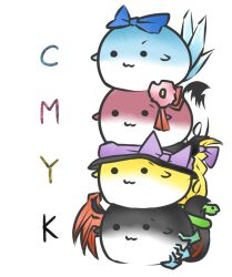  :3 animalization asymmetrical_wings bad_id bad_pixiv_id black_headwear blue_bow bow braid chibi cirno closed_mouth cmyk color-coded flower hair_flower hair_ornament hair_ribbon hairbow hat hat_bow hat_ribbon hieda_no_akyuu houjuu_nue kirisame_marisa no_humans purple_bow purple_ribbon rebecca_(keinelove) ribbon snake solid_circle_eyes stacking sukusuku_hakutaku touhou wings 