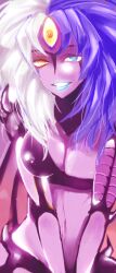  blue_eyes breasts cleavage commentary_request demon_girl demon_wings female heterochromia large_breasts lipstick makeup multicolored_hair nipples purple_hair smile solo sugar_sugar third_eye two-tone_hair white_hair wings yu-gi-oh! yu-gi-oh!_gx yubel 