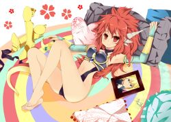  alci-chan armor armpits barefoot big_hair bridal_gauntlets cameo commentary_request dick_saucer dragon_half feet female heart heart-shaped_pillow horns long_hair lying mink_(dragon_half) picture_frame pillow red_eyes red_hair signature 