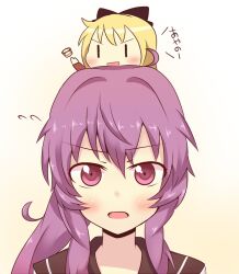  2girls :d bad_id bad_pixiv_id blonde_hair bow chibi chibi_on_head hairbow komaki multiple_girls nanamori_school_uniform on_head open_mouth purple_eyes purple_hair school_uniform serafuku smile sugiura_ayano toshinou_kyouko translated v-shaped_eyebrows yuru_yuri |_| 