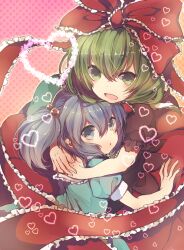  2girls blue_eyes blue_hair bow commentary_request dress frills front_ponytail green_eyes green_hair hair_bobbles hair_ornament hair_ribbon hairbow hat heart hug kagiyama_hina kawashiro_nitori long_hair looking_at_viewer miya_(tsumazukanai) multiple_girls open_mouth own_hands_together polka_dot polka_dot_background puffy_sleeves red_dress ribbon short_hair short_sleeves smile touhou two_side_up 