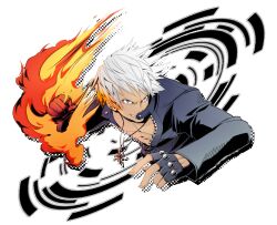  1boy choker_(pixiv) clenched_hand commentary_request cross fingerless_gloves fire gloves grey_eyes jacket k&#039;_(kof) leather leather_jacket male_focus muscular pyrokinesis smile solo the_king_of_fighters white_hair 