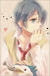  1boy bird blue_hair commentary_request eating fish green_eyes hand_on_head heart heart_of_string male_focus mawaru_penguindrum md5_mismatch miso_(mimimiso) necktie partial_commentary penguin penguin_2-gou puffy_cheeks resolution_mismatch source_smaller takakura_shouma vest 