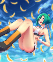  aquarion_(series) aquarion_evol blush boots breasts cleavage cleavage_cutout clothing_cutout cloud commentary_request coupe50 crop_top feathers female green_hair medium_breasts midriff oerba_yun_fang open_mouth purple_hair short_hair short_shorts shorts sideboob sky solo zessica_wong 