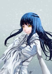  absurdres blue_hair club3 female highres japanese_clothes long_hair nurarihyon_no_mago photoshop_(medium) ringed_eyes smirk snow solo yellow_eyes yuki_onna_(nurarihyon_no_mago) 