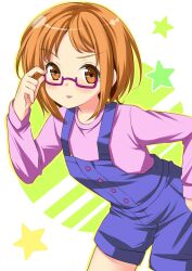  brown_eyes brown_hair commentary_request eyelashes female glasses green_background overalls photoshop_(medium) pink-framed_eyewear precure shirabe_ako short_hair shorts solo suite_precure tongue yoshikita_popuri 