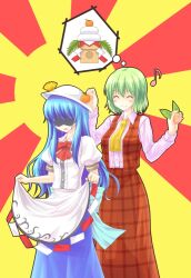  2girls ^_^ ascot blue_hair closed_eyes commentary_request food fruit green_hair hat hinanawi_tenshi kagami_mochi kazami_yuuka leaf long_hair mandarin_orange multiple_girls musical_note peach plaid plaid_skirt plaid_vest shaded_face shimada_(simada_bu) short_hair skirt smile touhou vest 