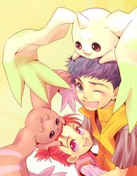  0839 1boy bad_id bad_pixiv_id blue_hair brother_and_sister digimon digimon_(creature) digimon_tamers female happy horns hug lee_jianliang lee_shaochung lopmon on_head open_mouth pink_hair siblings single_horn smile terriermon vest wince 