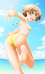  ahoge armpits ass barefoot bikini blush bracelet brown_eyes brown_hair cameltoe cloud commentary_request day fam_fan_fan feet female fisheye from_behind hands jewelry last_exile last_exile:_gin&#039;yoku_no_fam looking_at_viewer looking_back ocean open_mouth outstretched_arms photoshop_(medium) shiny_skin short_hair sin-go sky smile soles solo spread_arms swimsuit toes trefoil waves yellow_bikini 