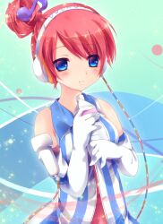  akikoloid-chan amanatsu_yuzuka bad_id bad_pixiv_id blue_eyes bottle eighth_note elbow_gloves female gloves hair_ornament headphones musical_note musical_note_hair_ornament pink_hair solo striped vocaloid 