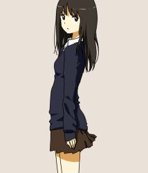  black_eyes black_hair commentary_request dress_shirt expressionless female long_hair looking_at_viewer looking_back original school_uniform shimano shirt simple_background skirt sleeves_past_wrists solo standing sweater 